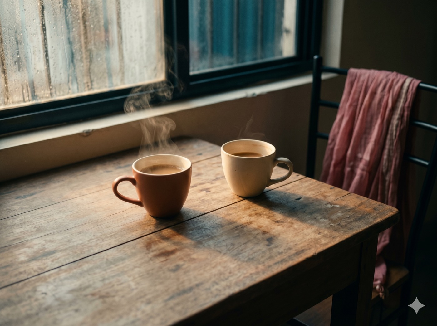 Two ceramic cups of chai on a weathered wooden table by a rain-streaked window.