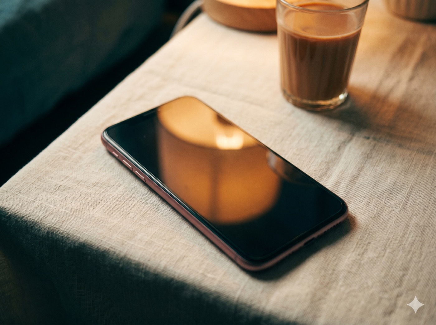 A phone resting face-up on cream linen, reflecting the warm glow of a nearby lamp.