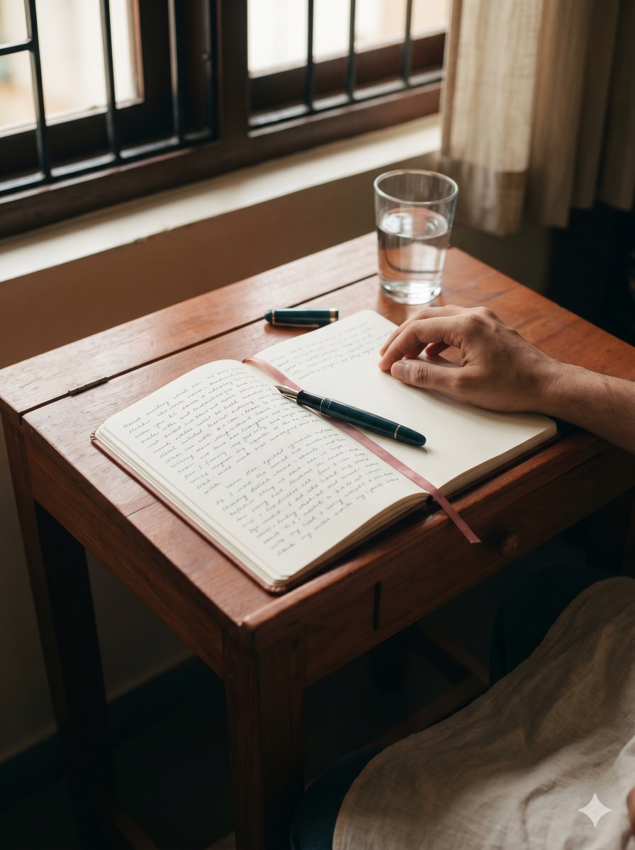 A hand pauses over an open handwritten notebook in soft window light.