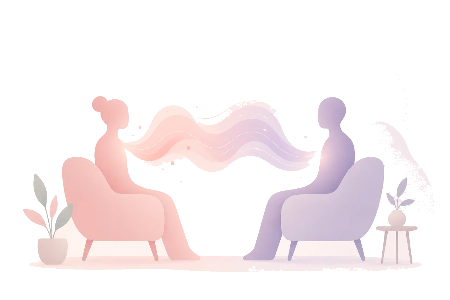 Two abstract figures sitting across each other, a soft watercolour ribbon of voice flowing between them.